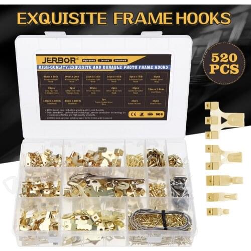 JERBOR 520PCS Picture Hook Hanger for Picture Frame Wooden Frame Durable Picture Hook with Large and Varied Wire Screws Nails