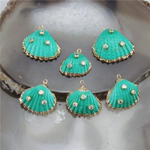 20-40mm 10pcs/lot Green shell with cz pave charm pendant,natural irregular shell charm,handmade shell jewelry accessories