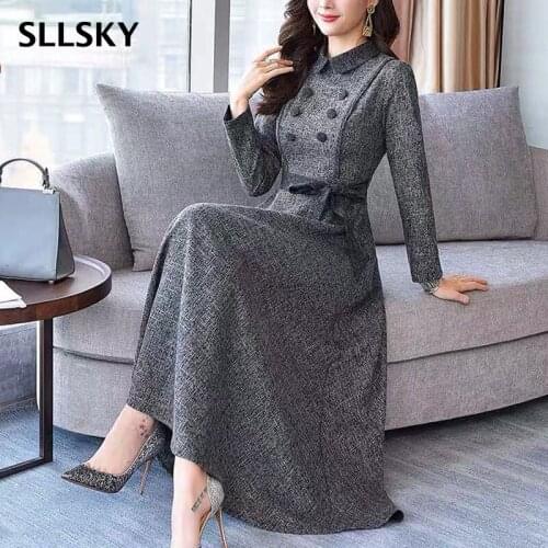 SLLSKY Solid Big Swing Women Dress 2021 Autumn New Fasgion Long Sleeve Pullover Dress Belt Button Turn-down Female A-Line Dress