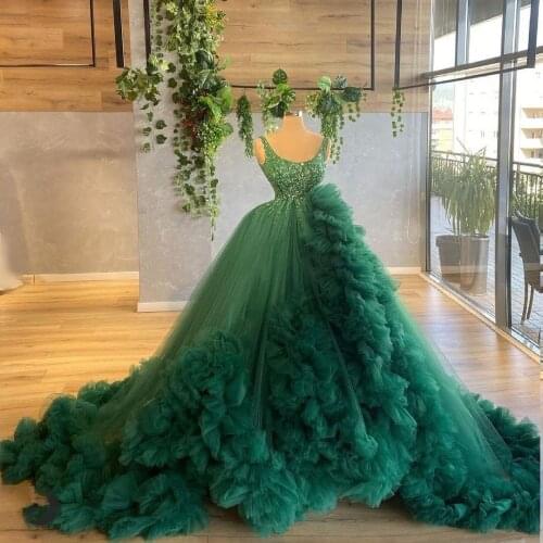 2021 Green Evening Dress Sequins Top Pleat Ruffles Tulle Prom Gowns Women Formal Wear Second Reception Gowns