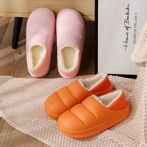 Winter Warm Slippers Women Men High Top Pu Leather Waterproof Plush Cotton Shoes Memory Foam Couples Home Boys Girls Fur Slides