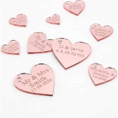 100 Personalized Engraved Love Hearts Rose gold / Gold / Silver Mirror / Wood Tags Wedding Party Table Centerpieces Decor Favors
