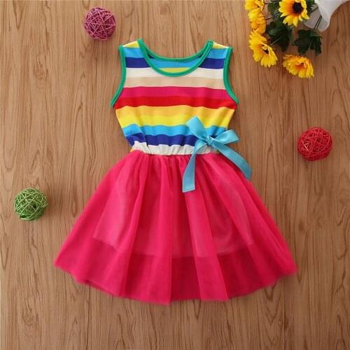 40# Toddler Baby Girls Dress Suspender Rainbow Striped Printing Dress Sleeveless Round Neck Vest Princess Party Dress Outfits