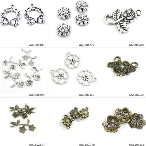 Antique Bronze Silver Plated Jewelry Making Charms Flower Spacer Caps Connector Cherry Blossoms Branch Rose Plum Loose Beads