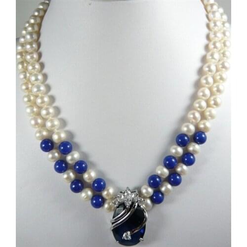 Noble 2 row White 7-8 Genuine Pearl Lapis lazuli Dark-Blue 18KGP Zircon Crystal pendant women Jewelry Necklace 18inches