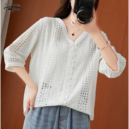 Blusas Women Top Casual Cotton Blouse Women Plus Size Hollow Out Shirts Embroidery V Neck Solid Loose Slim Lady Clothing 10224