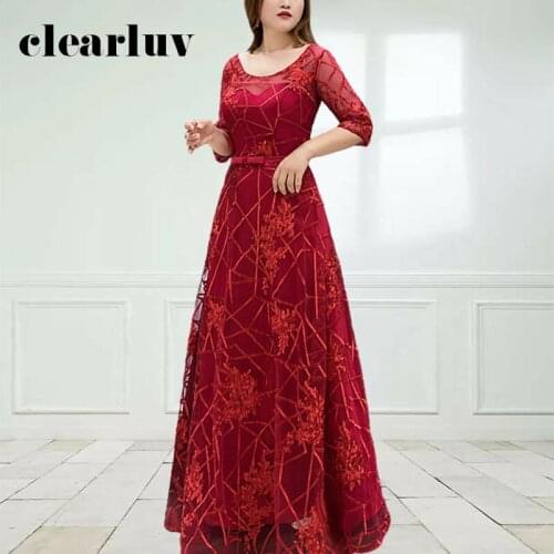 Plus Size Burgundy Evening Dresses DR1006 Elegant Half Sleeve Robe De Soiree O-neck A Line Long Evening Gowns For Women