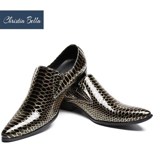 Christia Bella New Mens Fashion Gold Business Style Dress Shoes Brand Designer Slip On Genuine Leather Oxfords Shoes Plus Size