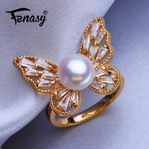FENASY Natural Freshwater Pearl Rings For Women Luxury Adjustable Gold Color Butterfly Ring Female Party Wedding Jewelry