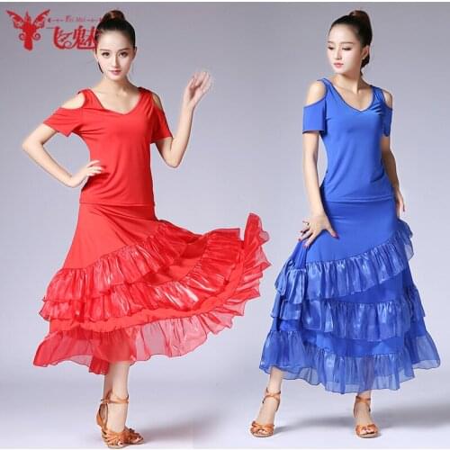 GB / Modern dance big skirt suit Adult womens exercise clothes Leakage shoulder short sleeve Ballroom dance skirt