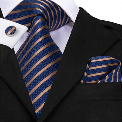 Hi-Tie Men Silk Tie Blue Stripe Ties Gold Twill Necktie Designer Cravat Business Style Navy Blue Tie Set for Party Dropshipping