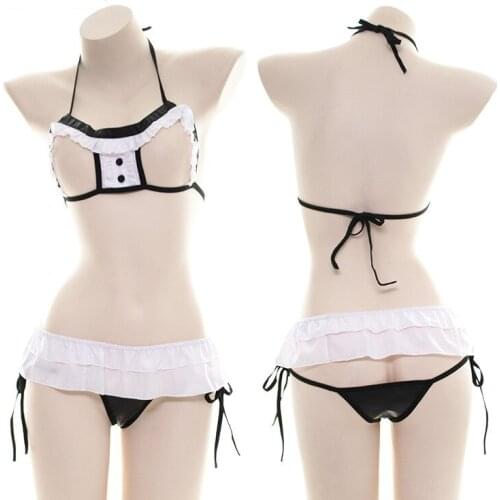 Sexy Cute Tie Version Adjustable Bra & Panties Bikini Set Hollow Out Ruffles Trim Underwear Sleep Intimates Set Exotic Apparel