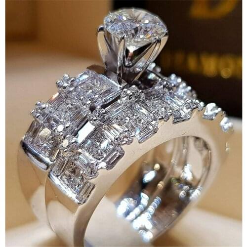 Big RhineStone Silver Color Rings Set Bridal 2pcs Women Engagement Weeding Luxury For Finger Jewelry Accessories Gifts