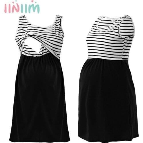 Maternity Nursing Pajamas Pregnant Women Sleeveless Striped Vest Nightdress Breastfeeding Nightgown Pregnancy Sleepwear