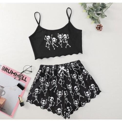 2 Pieces Skeleton Print Pijamas for Girls Set Summer Women Sleepwear Long Sleeve Nightgown Female Ladies Sexy Lingerie Pajamas