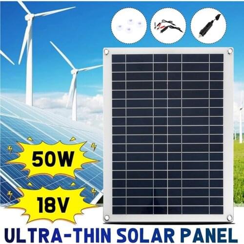 50W Portable Solar Panel Double USB 12V 18V With Metal Border Silicon Solar Panel with Car Charger Crocodile Clip for Camping
