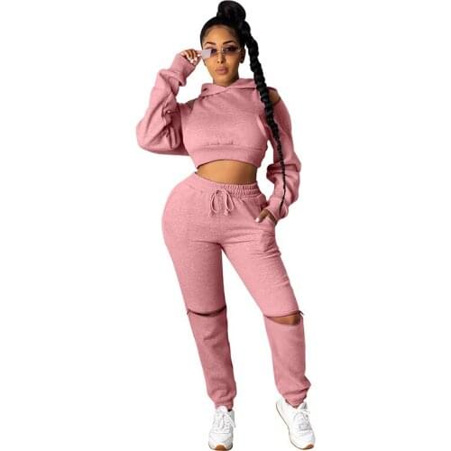 Casual Women Two Piece Set Off Shoulder Hollow Out Hooded Sweater+ Long Pant Tracksuit Sportsuit Winter Clothes For Women Outfit
