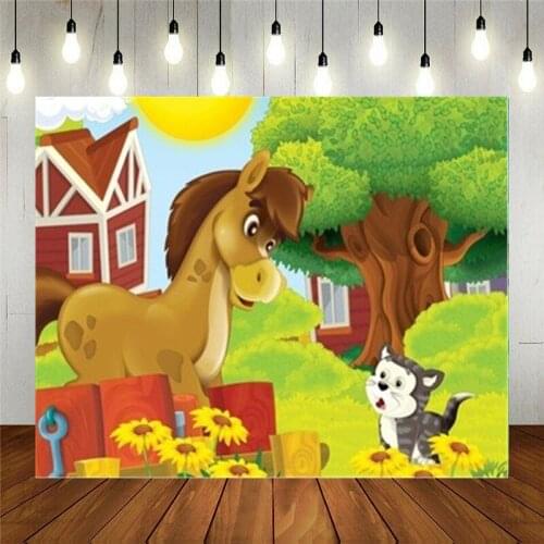Photo Studio Props Photography Backdrop Farm Horse And Cat Chat Cartoon Vinyl Background Kids Birthday Decoration