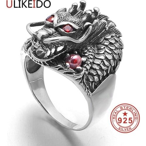 S925 Sterling Silver Jewelry Dragon Rings With Garnet Natrual Stone Red Eyes Thai Silver Punk Mens Signet Ring Birthday Gift 693
