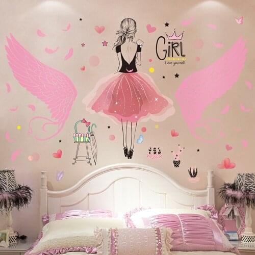 [shijuekongjian] Pink Feather Wings Wall Sticker DIY Cartoon Gilr Wall Decals for Kids Rooms Baby Bedroom House Decoration