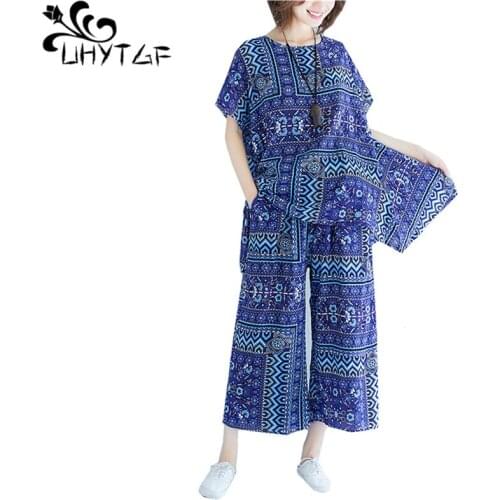 UHYTGF Fashion women summer 2 piece set Cotton linen printed comfort plus size tracksuit loose wide leg pants Female suit 1128