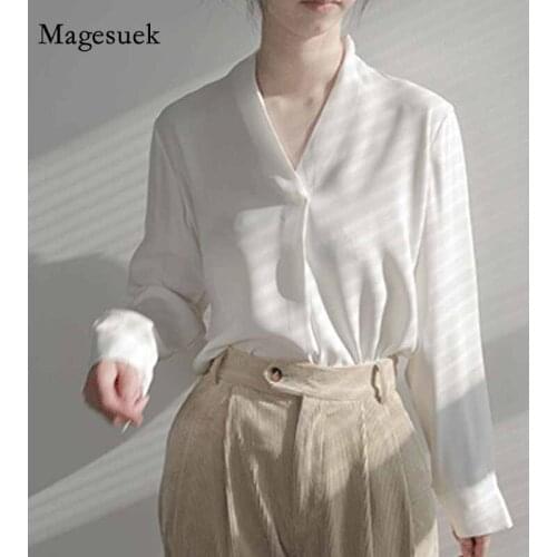 V Neck Vintage Office Lady Chiffon Shirts Women 2021 Long Sleeve Female Clothing Spring Autumn White Women Blouse and Tops 12609