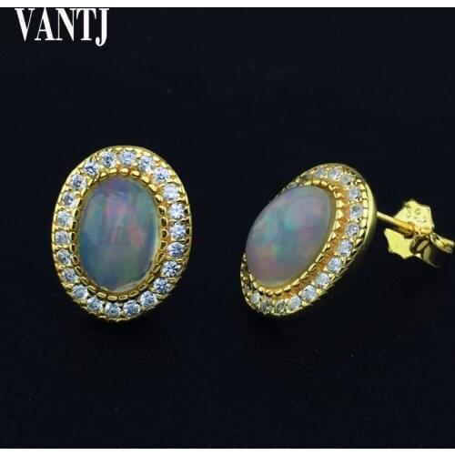 VANTJ 100% Natural Opal Stud Earrings 925 Sterling Silver for Women Wedding Earrings Fashion Anniversary Jewelry Gift