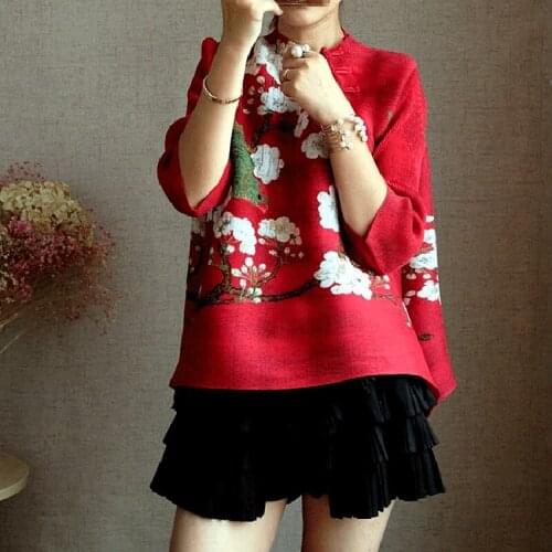 2021 Summer Stand Collar Retro Buckle Improved Cheongsam Top Miyak Pleated Chinese Style Vintage Floral Loose Women T-shirt