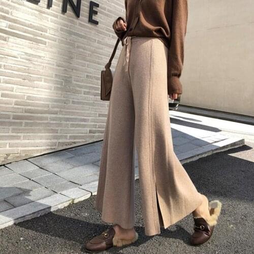 Women Autumn Winter Thick Knitted Trouser Wide Leg Loose Pants 2020 Ankle Length Pant Casual korean style High Waist Pants