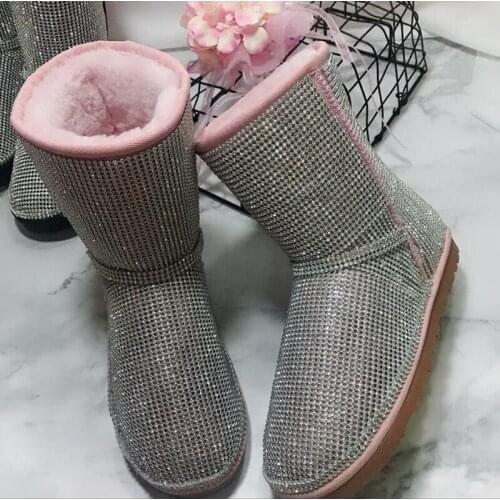 Handmade Winter Boots Women Bling Bling Woman Full Rhinestones Snow Boots Pink Back Warm Artificial Fur Boots Plus Size 34 to 44