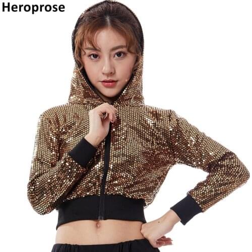 2019 New Fashion Women Hip Hop Sequins Zipper Hip Hop Jackets Female Jazz Slim Dance Top Stage Performance Gold Short Coat