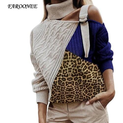 Leopard Patchwork Turtleneck Sweater Women Sexy Shoulder Color Block Knitted Sweaters Long Sleeve Pullover 2020 Autumn New Femme