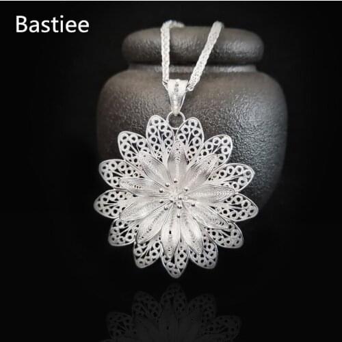 Bastiee 999 Sterling Silver Pendant Necklace Chakra Women Flower Silver Charms Fashion Pendants Ethnic Handmade Hmong Jewelry