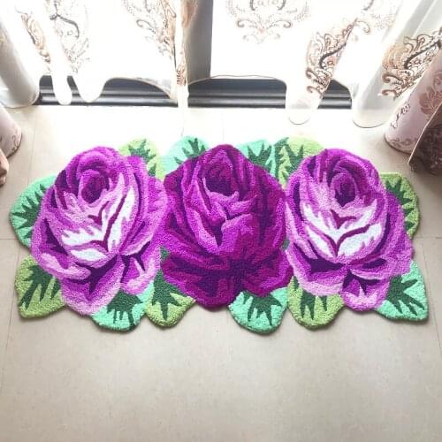 3 Roses Carpet Floor Mat Handmade Anti-Slip Modern Carpet Kitchen Area Rugs, Rose Flower Shaped Rug for Living Room 125cmX65cm