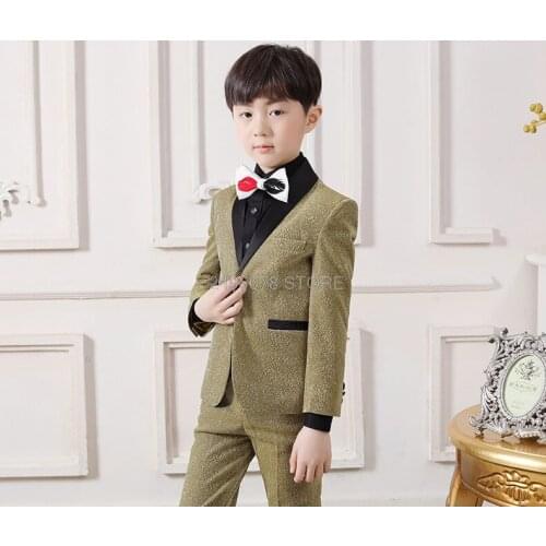 Kids Formal Jacket Vest Pants 3Pcs Host Dress Flower Boys Luxurious Shining Wedding Suit Children Piano Show Performance Costume