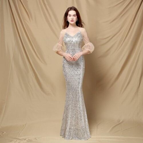 Elegant Formal Evening Dress with Tassel Beads V-Neck Mermaid Sequined Glitter Champagne Prom Dress for Party with Backless