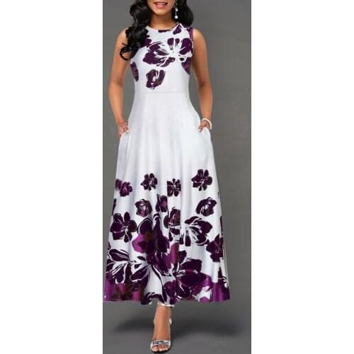 Hirigin Summer Women Elegant Vintage A-Line Dress Tunic Long Sleeveless Floral Print Sundress Evening Party Maxi Dress