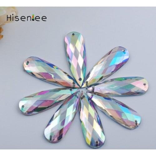 Hisenlee 50Pcs 10x30mm Sewing Big Crystal Clear AB Color Acrylic Teardrop Rhinestones Flat back Strass Sew On Stones 2 Hole