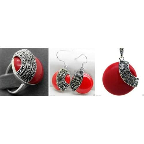 Fashion designed Red Carved Lacquer Marcasite 925 Sterling Silver Ring(#7-10) Earrings & Pandent jewelry sets