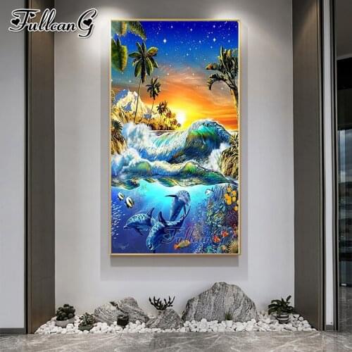 FULLCANG Sunset sea dolphins mosaic 5d diy diamond painting cross stitch full square round rhinestone embroidery kits FG0123