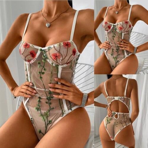 New Women Sexy Lingerie Underwear Teddy Bodysuit Jumpsuit Sleepwear Embroidery Fashion perspective Low-cut Lingerie Bodysuit