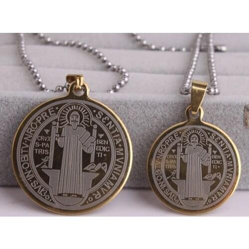 Gold color color Saint Benedict of Nursia 316L Stainless Steel pendant necklaces bead chain for men women wholesale
