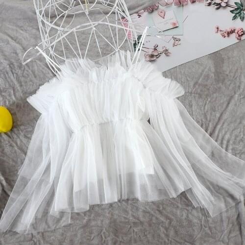 Sexy Off-the-Shoulder Spaghetti Strap Ruffled Mesh Top Women Slash Neck Chic Flare Sleeve Mesh Blouse