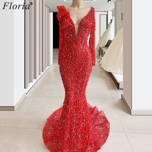Plus Size Red Beading Evening Dresses 2020 Dubai Long Sleeves Formal Dresses Evening Wear Crystals Prom Gowns Robe De Soiree
