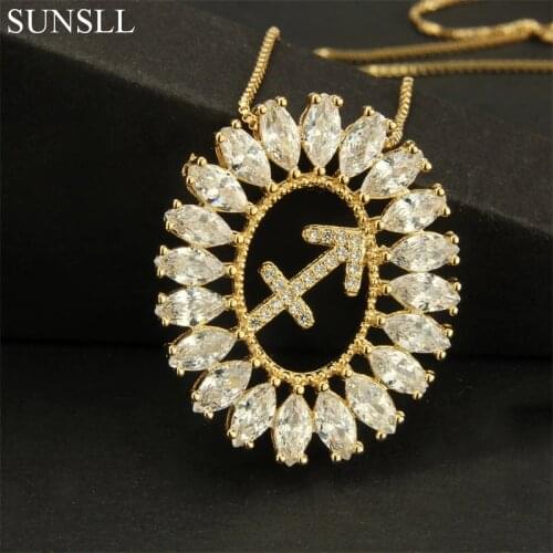 SUNSLL Golden Color Copper White Cubic Zirconia 12 Constellation Pendant Necklaces Womens Fashion Jewelry Cobre CZ Colar