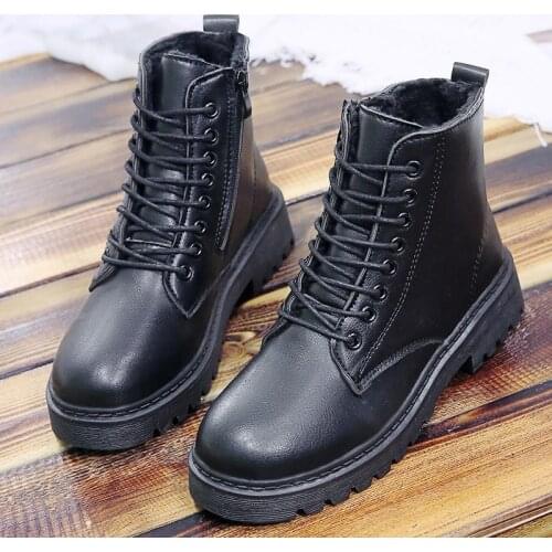 Warm Plush Women Winter Boots Solid Black Leather Boots Female Ankle Boots For Women Lace Up Platform Street Style Casual Shoes