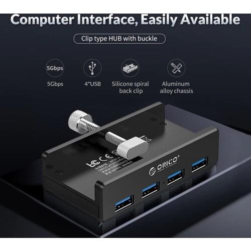 ORICO MH4PU Aluminum 4 Ports USB 3.0 Clip-type HUB For Desktop Laptop Clip Range 10-32mm With 100cm Date Cable gift package