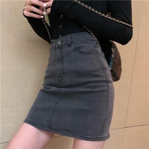Vintage Women Pencil Skirt Summer Solid Mini Pocket Elastic Denim Skirt 2021 Fashion Sexy Female High Waist Zipper Pencil Skirt