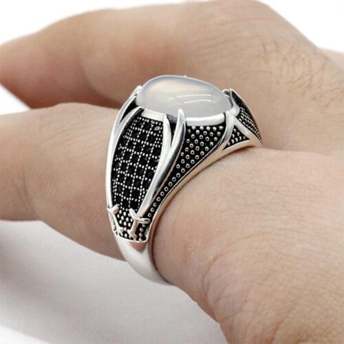 Vintage Boho Punk Silver Color Ring for Men Knife Pattern White Moonstone Resin Black Zircon Ring Muslim Religious Jewelry Gift