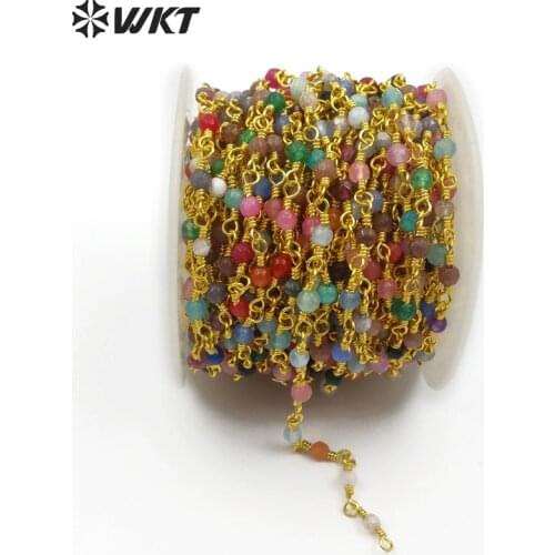 WT-RBC099 Rainbow Colorful Multi Stone Rosary Beads Chain Round Shape Faceted Crystal Beads Sweater Chain For Women DIY Jewelry